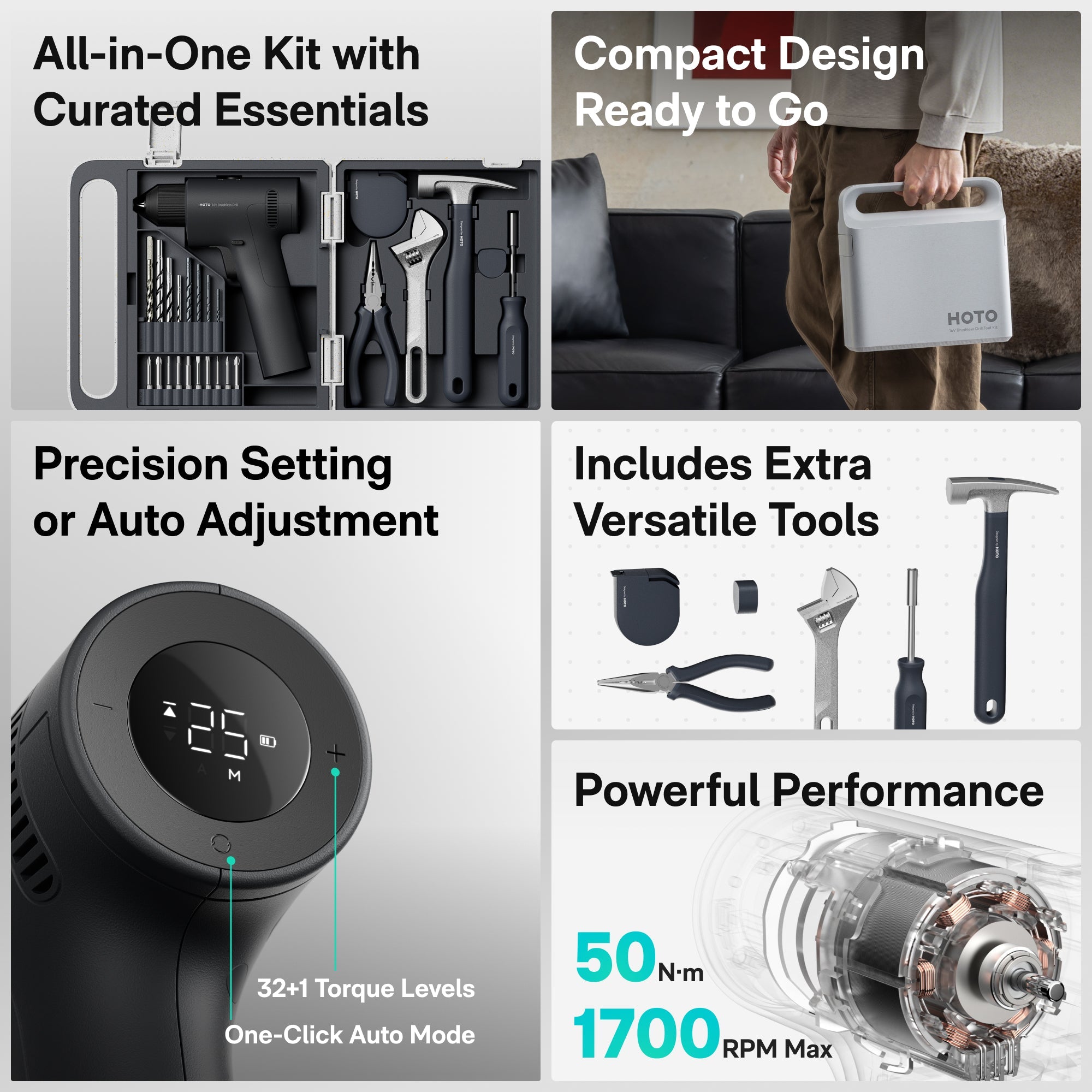 HOTO 16V Brushless Drill Tool Set